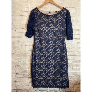 Cardalite Dress Womens Large Navy Blue All Over Lace Scalloped Edge Open Back